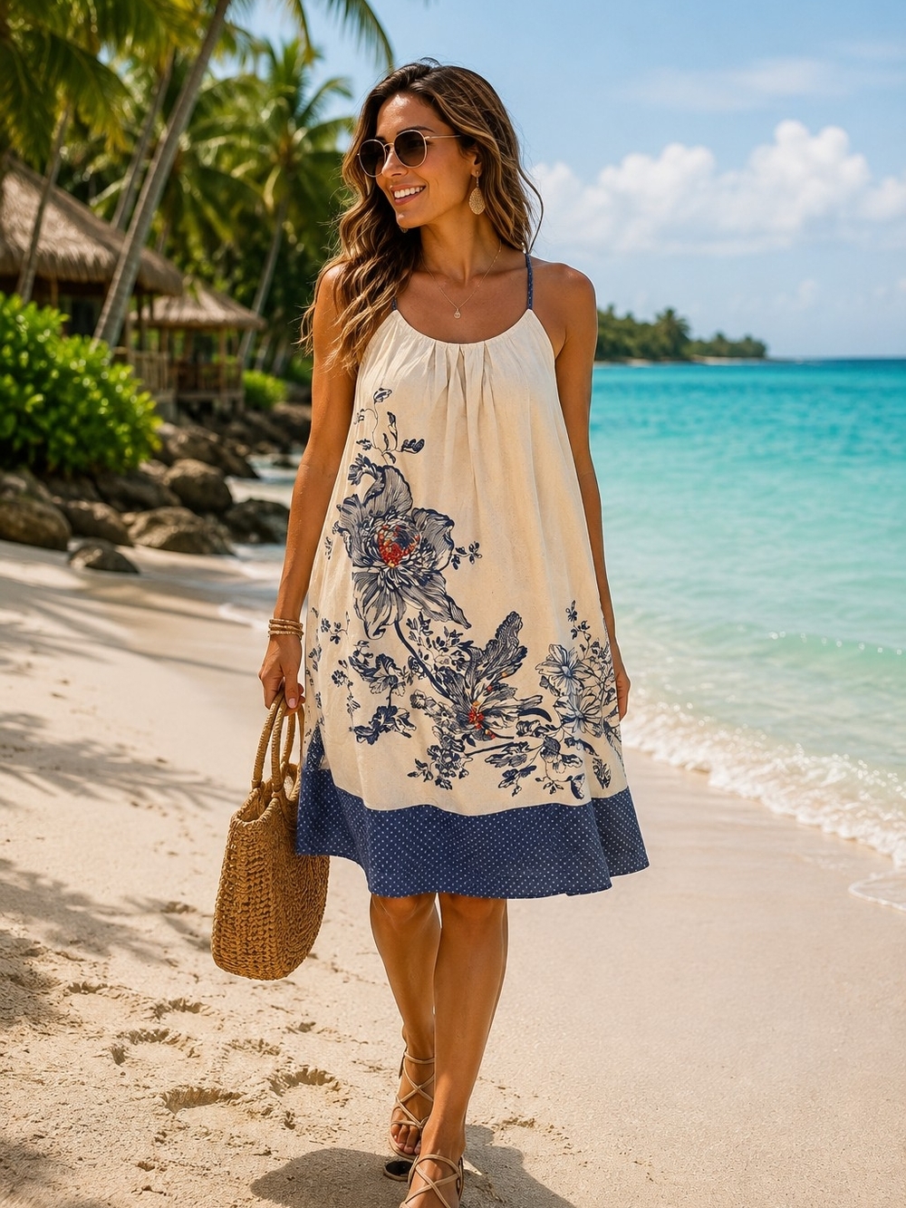 Floreat Anthropologie Ivory Navy Floral Beaded Resort Dress Size 14